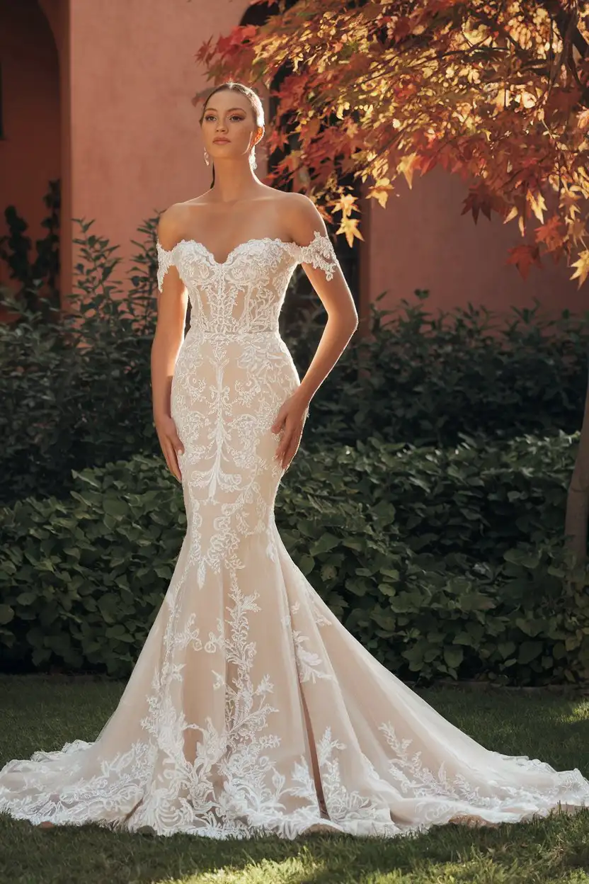 Autumn Elegance Off-Shoulder Illusion Bodices with Champagne Undertones