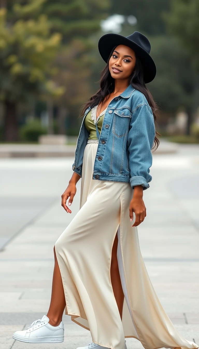 Boho-Chic Vibes in a Flowing Maxi Skirt and Denim Jacket