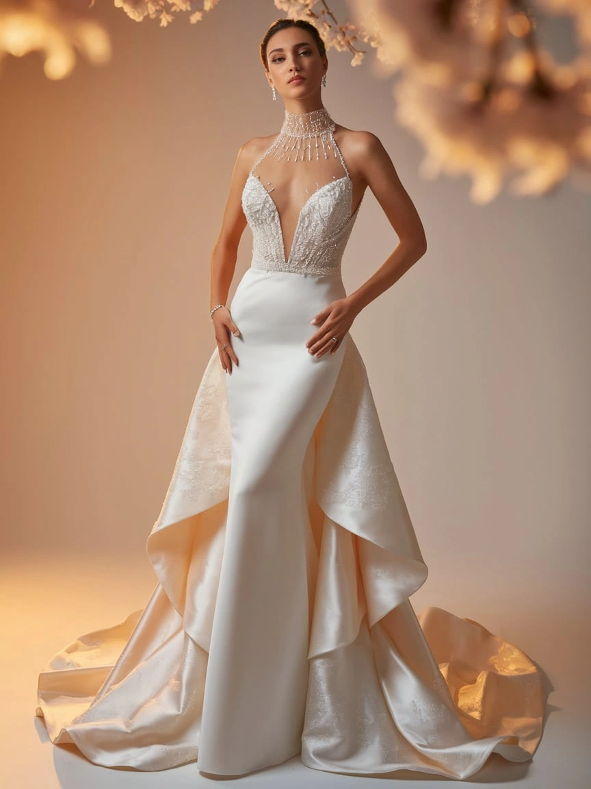 Celestial Elegance: High-Collar Illusion Designs with Cascading Silk Overlays