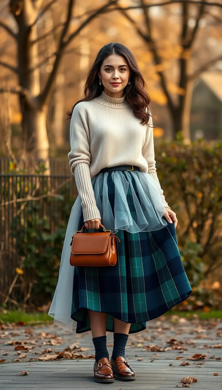 Cozy Fall Layering in a Plaid Skirt and Knit Sweater