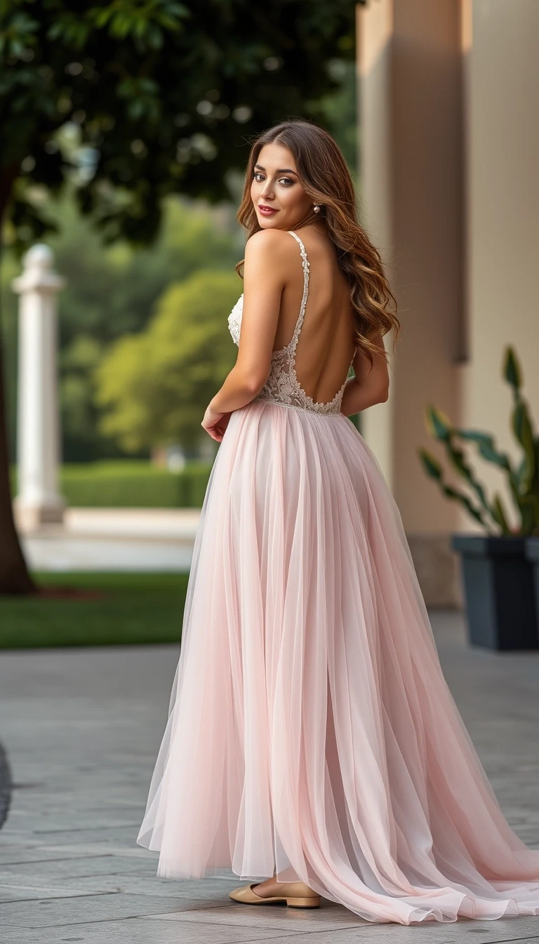 Dreamy Romance in a Blush Pink Backless Tulle Gown