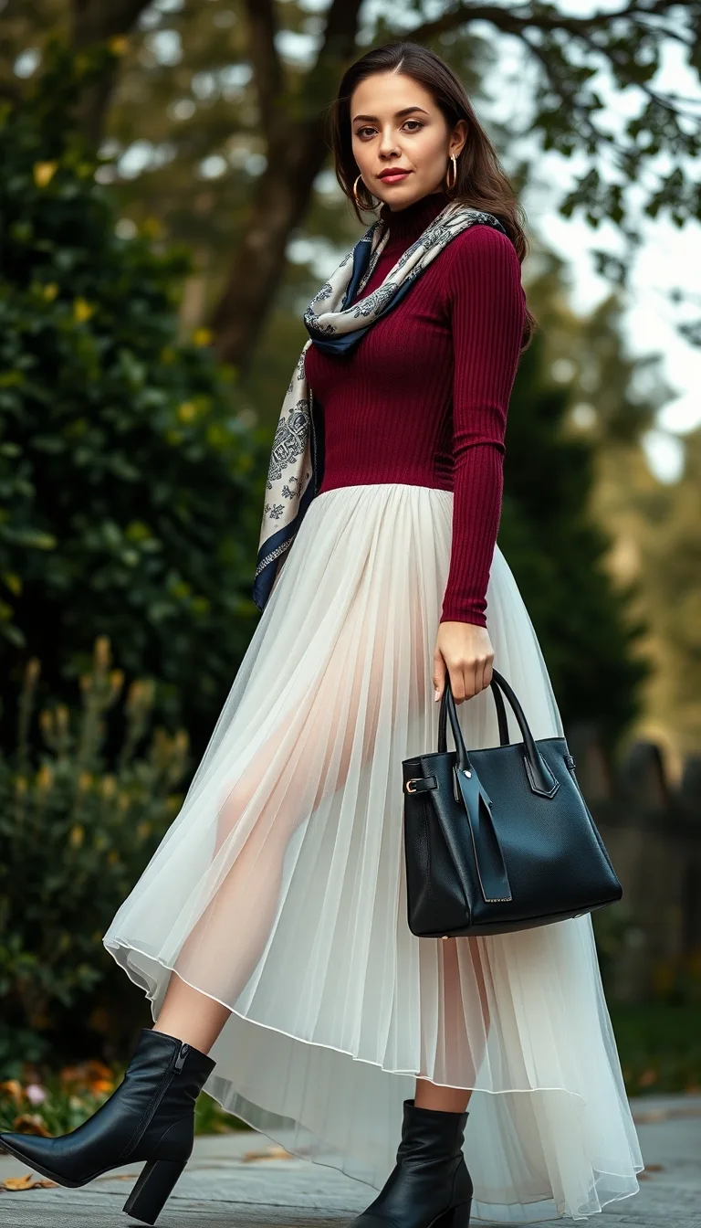 Effortless Autumn Elegance in a Burgundy Knit Top and Sheer Midi Skirt