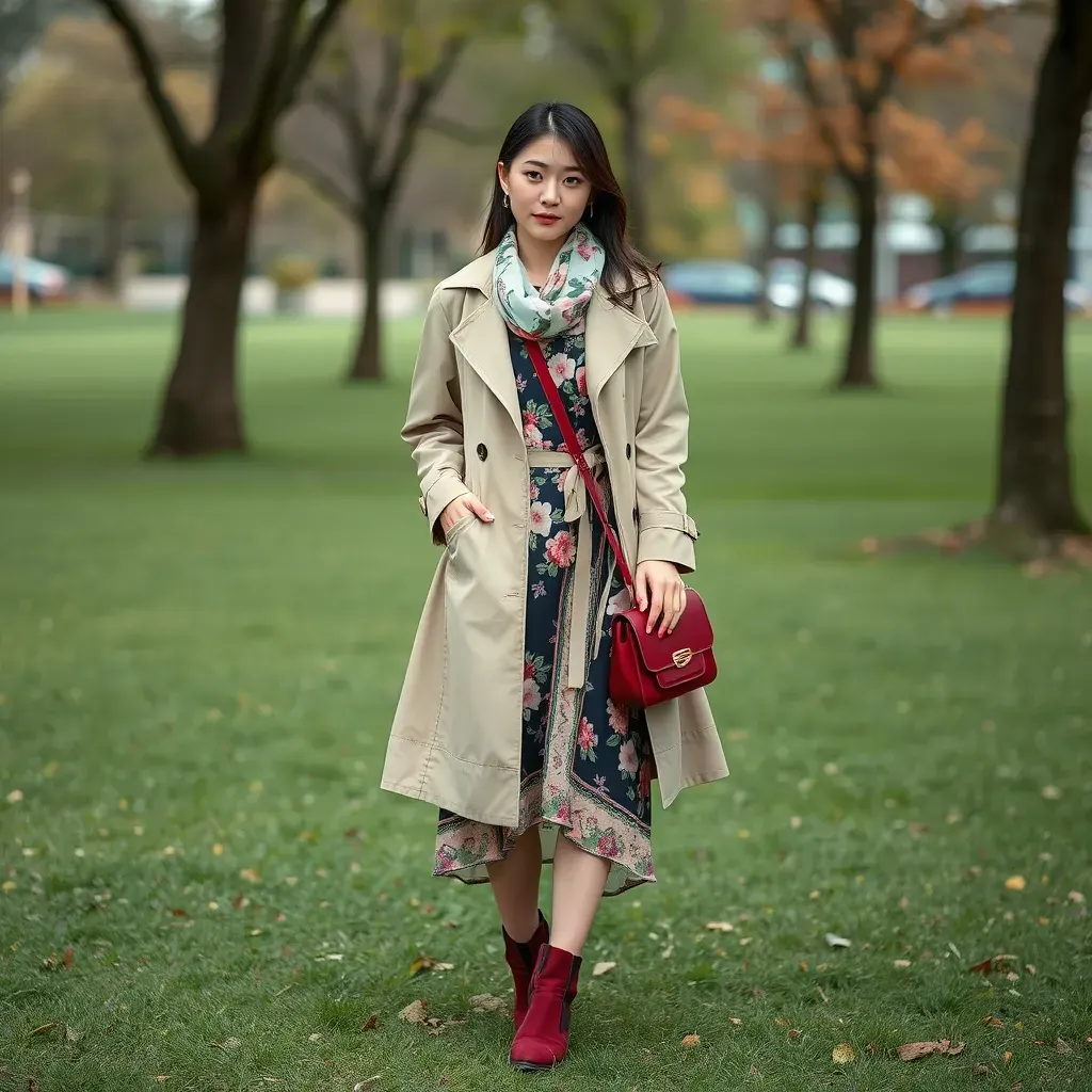 Effortless Autumn Grace in a Floral Midi Dress and Classic Trench Coat
