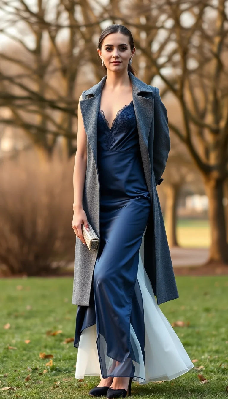 Elegant Evening Glam in a Navy Satin Gown and Wool Coat