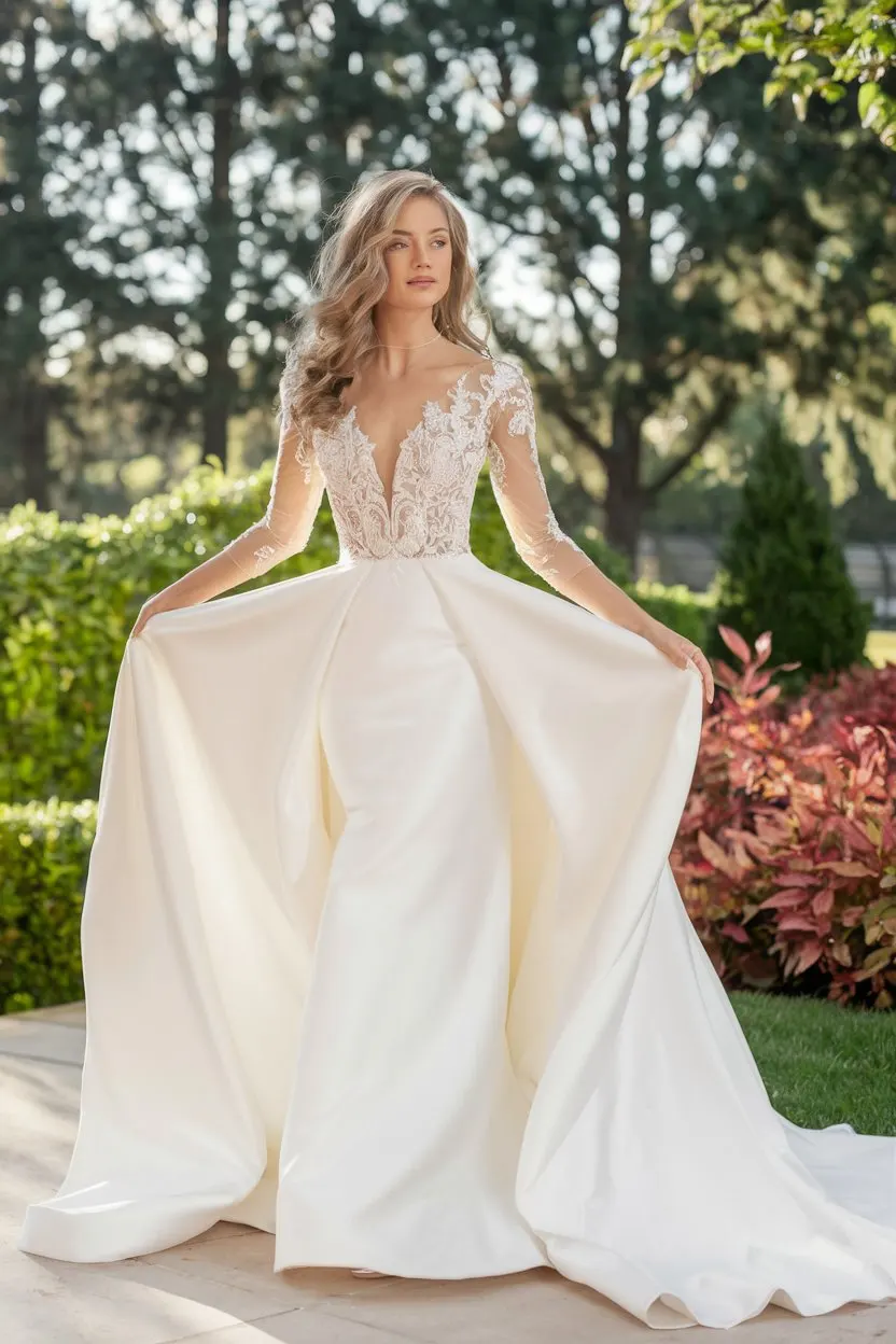 Botanical Whispers Sleek Satin Gowns with Floral Illusion Necklines