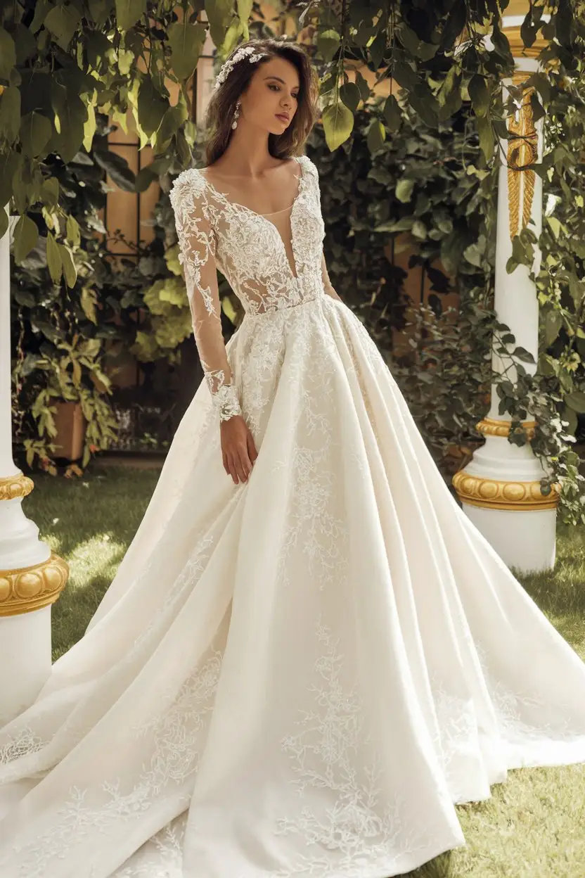 Garden Royalty Long-Sleeve Illusion Bodices with Regal Ball Gown Skirts