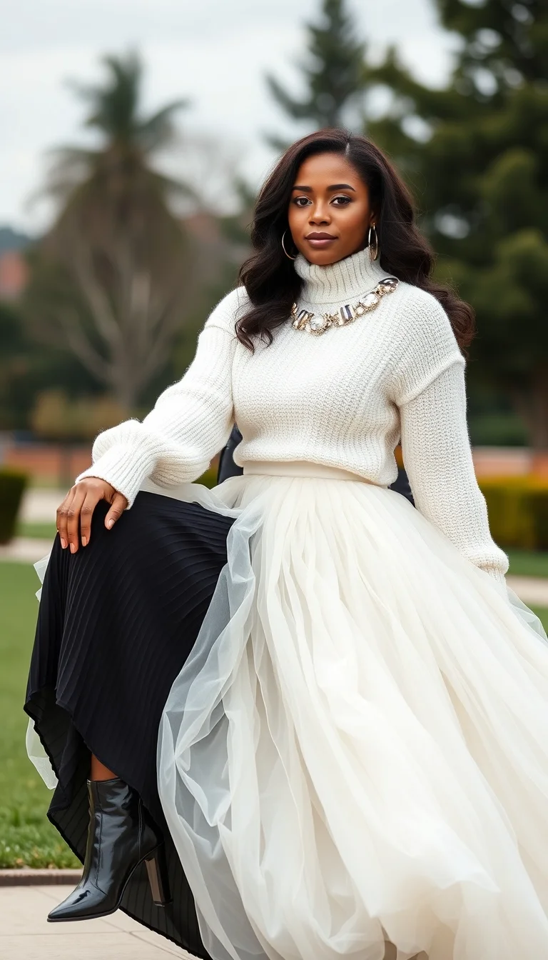 Modern Elegance in a Layered Tulle Skirt and Chunky Knit Sweater