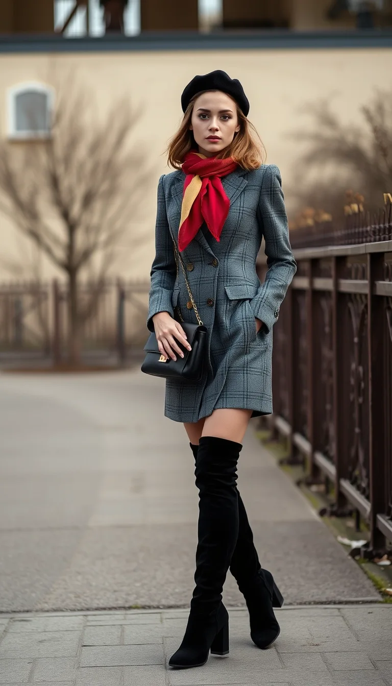Parisian-Inspired Elegance in a Plaid Coat Dress and Over-the-Knee Boots