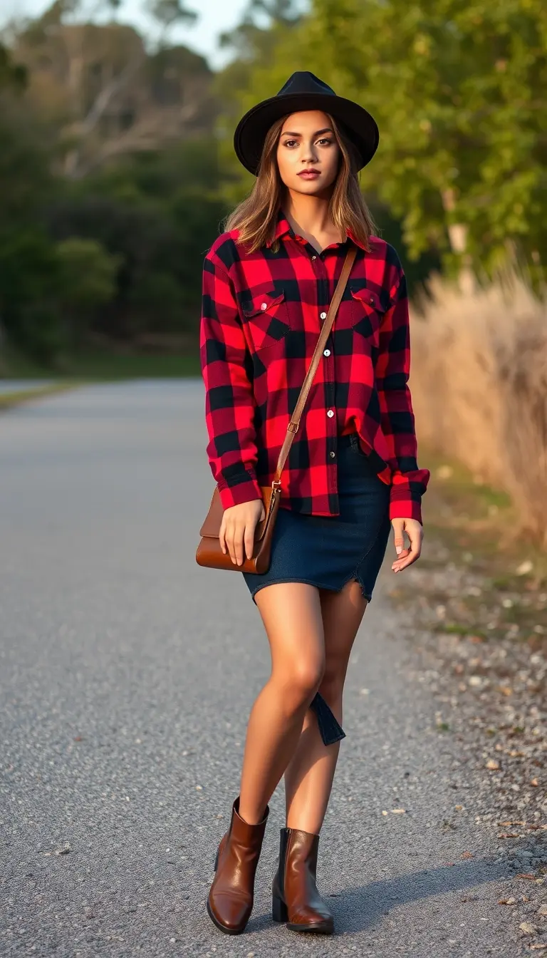Rustic Charm in a Plaid Shirt and Denim Mini Skirt