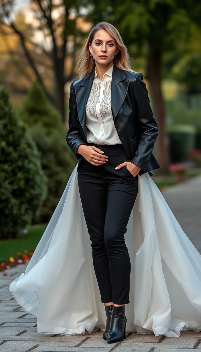 Tailored Elegance in a Black Suit with a Dramatic Train