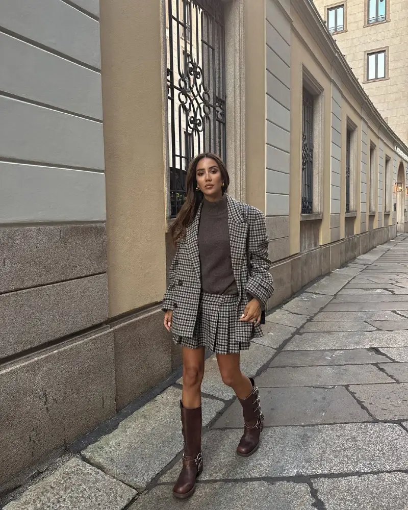 Urban Chic Checkered Blazer Set with Brown Boots