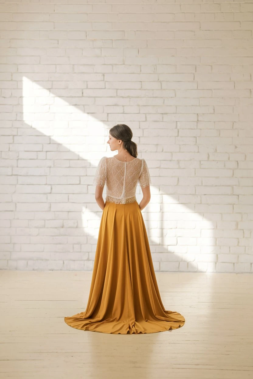 Amber Elegance Two-Piece Bridal Separates Reimagine Matrimonial Minimalism