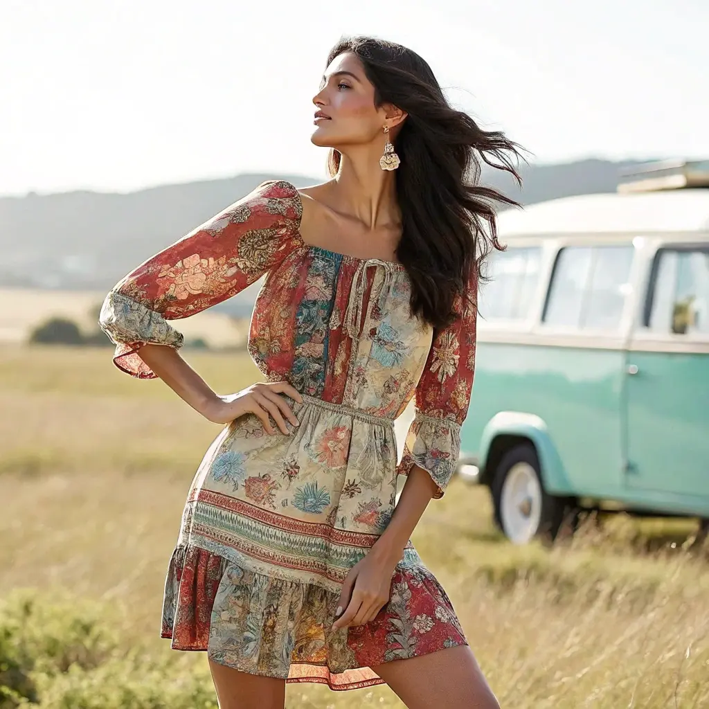 Bohemian Tapestry Mini Peasant Dress for Wanderlust Adventures