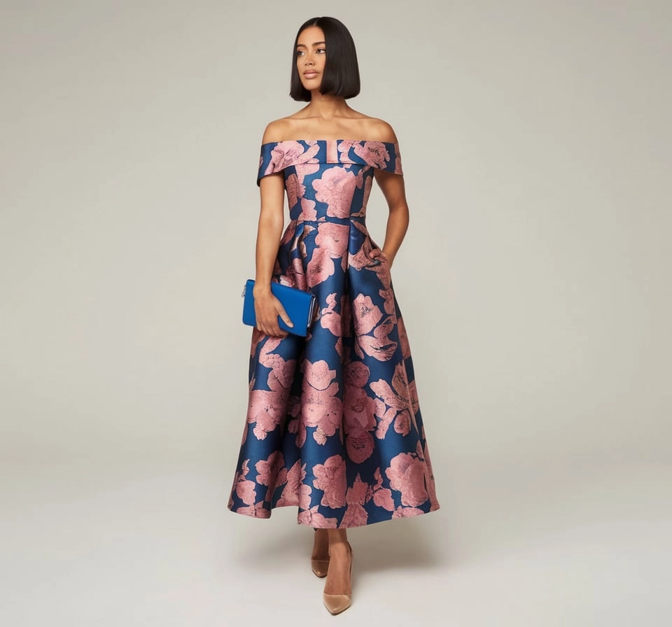 Bold Florals Mid-Length Brocade Elegance for Garden-Inspired Celebrations