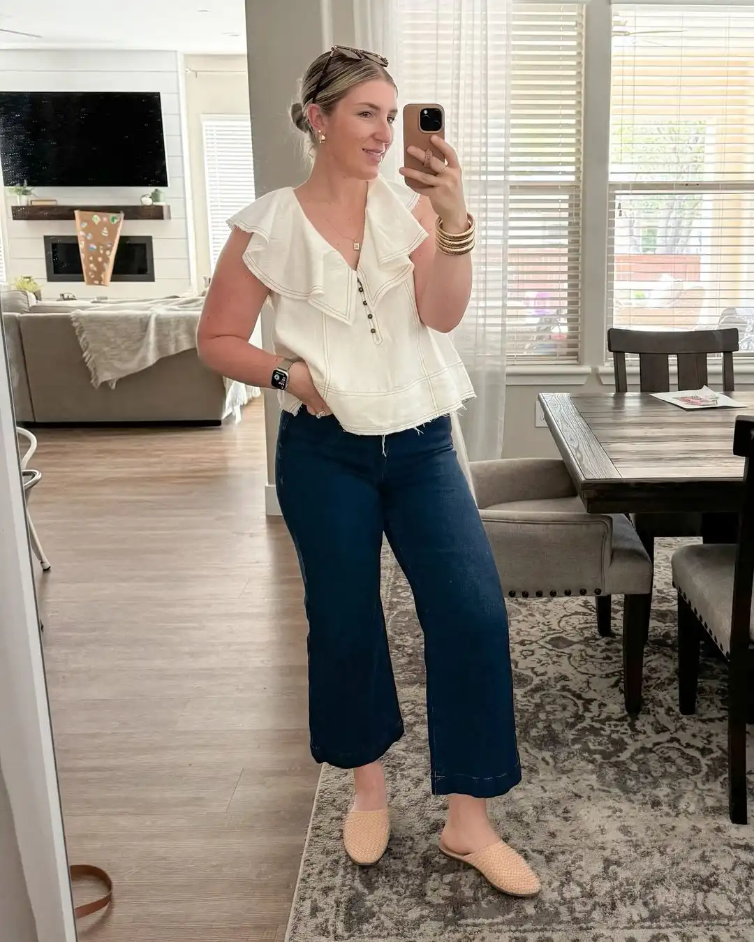 Casual Chic - Ruffled Blouse with Cropped Denim