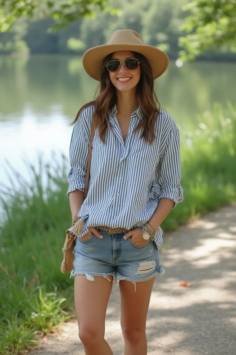 Casual Chic - Striped Button-Down and Denim Shorts