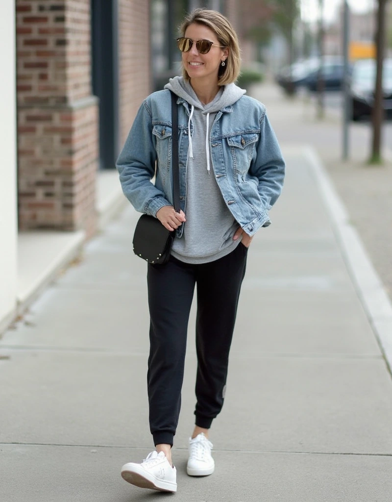 Casual Layered Streetwear - Hoodie with Denim Jacket