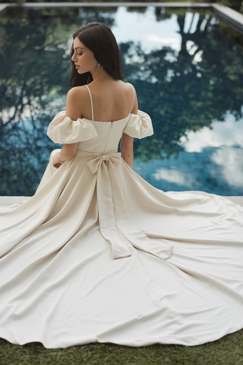 Chic Serenity An Ivory Sustainable Wedding Dress for Modern Poolside Romance