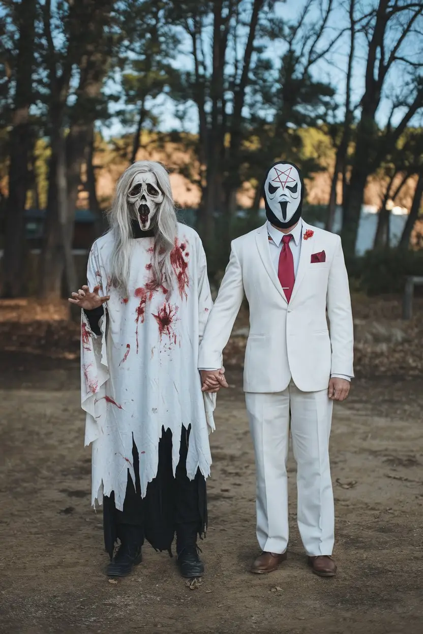 Cinematic Horror Contrast: White-Clad Terror Ensemble