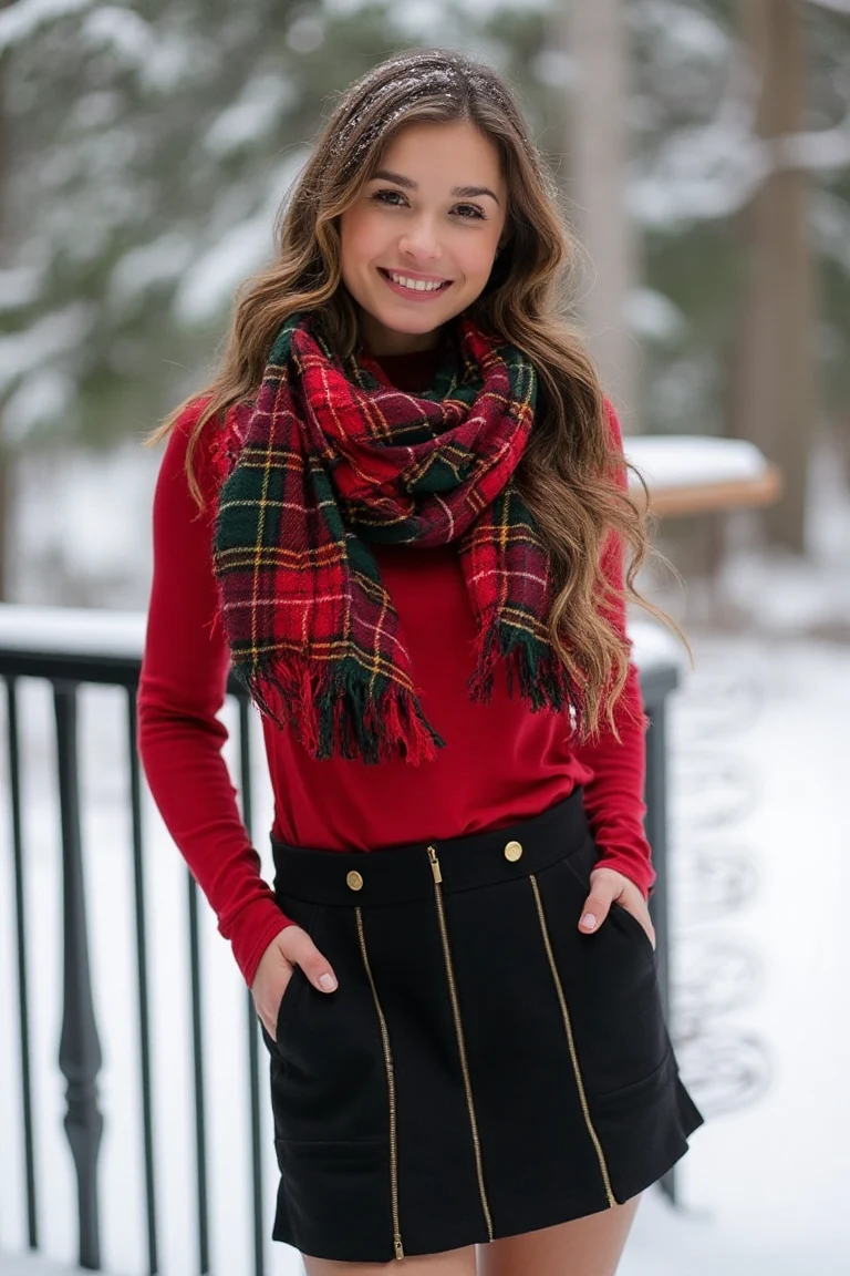 Classic Plaid Charm – Festive Red and Plaid Scarf Ensemble