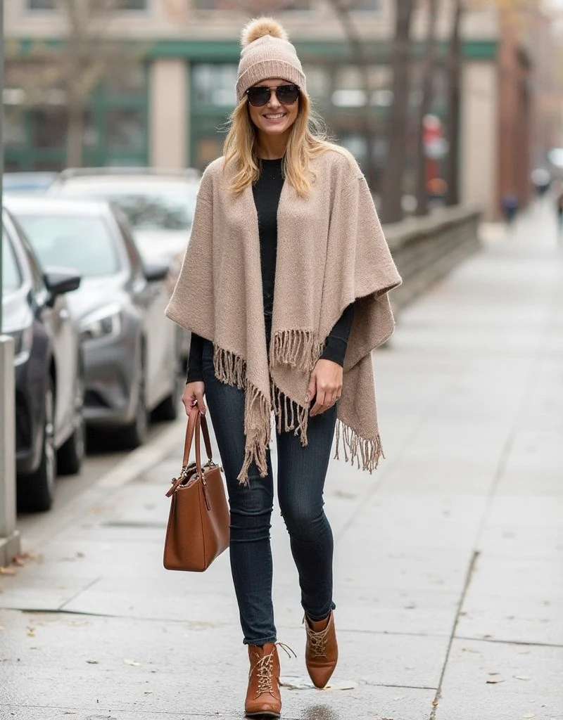 Cozy Layered Chic - Poncho with Skinny Jeans