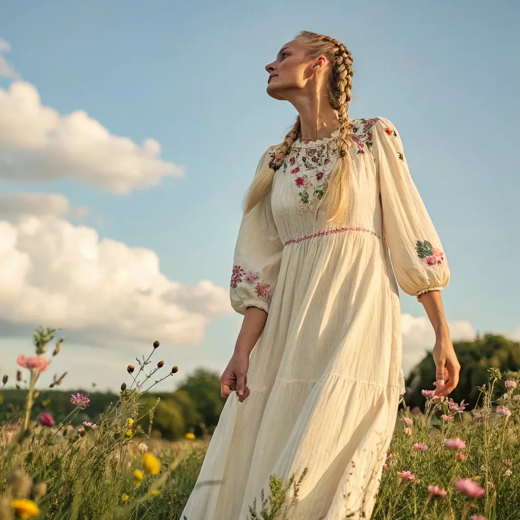 Embroidered Ivory Pastoral Dress Amidst Wildflower Meadows