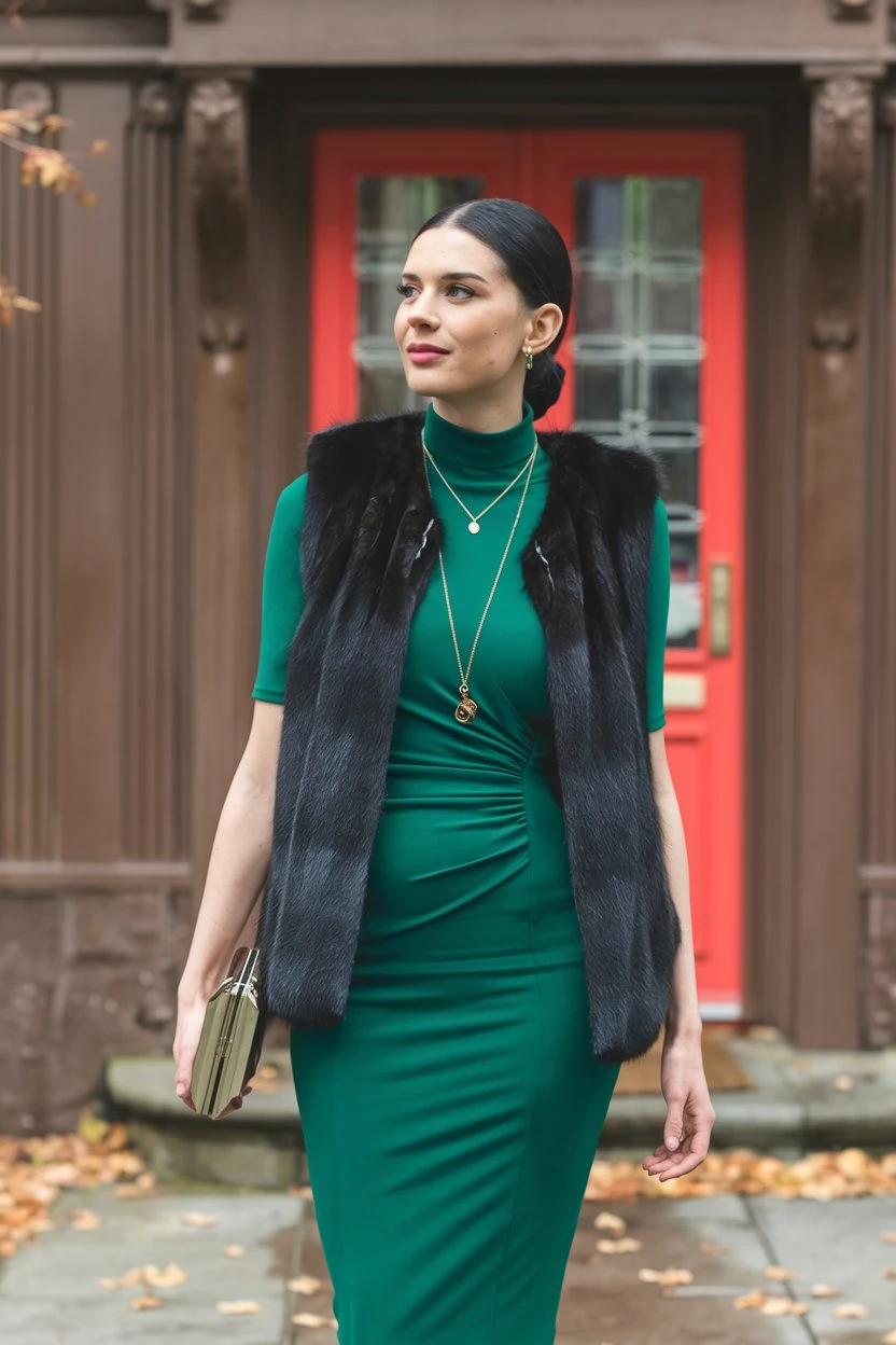 Emerald Elegance Fur-Adorned Holiday Ensemble for Urban Sophistication