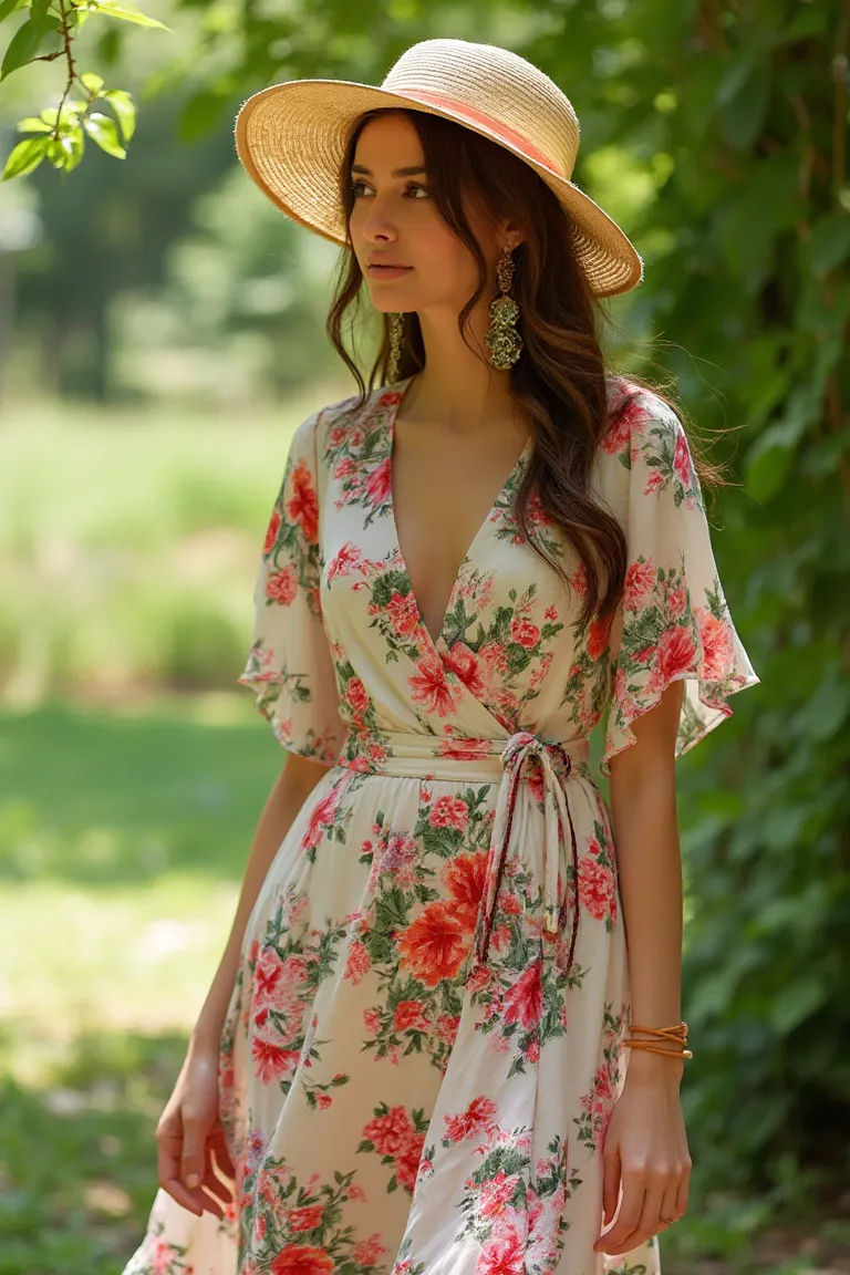 Floral Wrap Elegance - Breezy Wrap Dress with Straw Hat