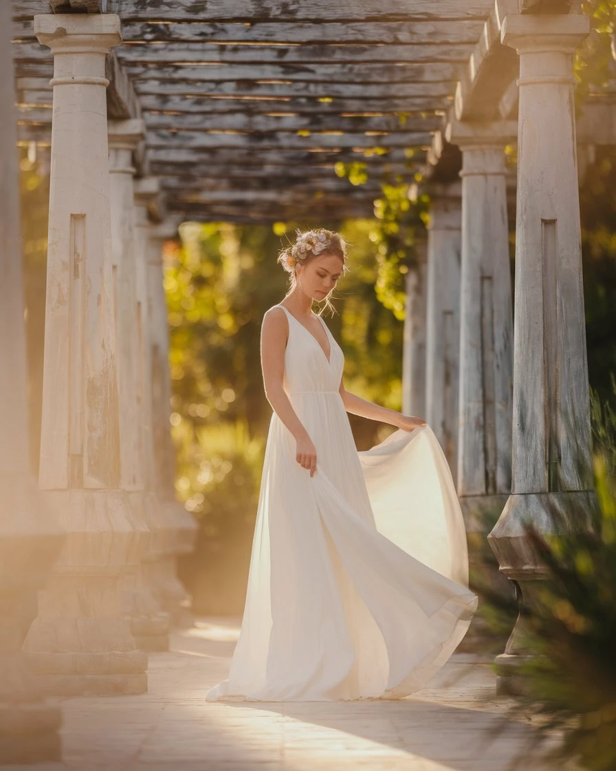 Golden Glow A White Sustainable Wedding Dress for Garden Elegance