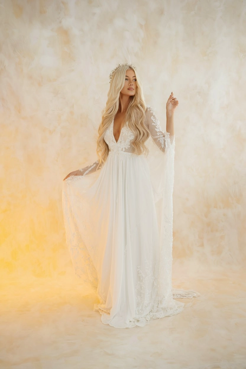 Lace Romance A White Sustainable Wedding Dress for Timeless Golden Elegance