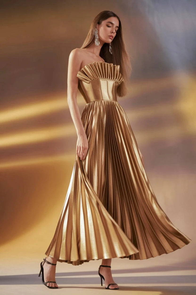 Metallic Majesty Gilded Pleated Gown Transforms Wedding Couture