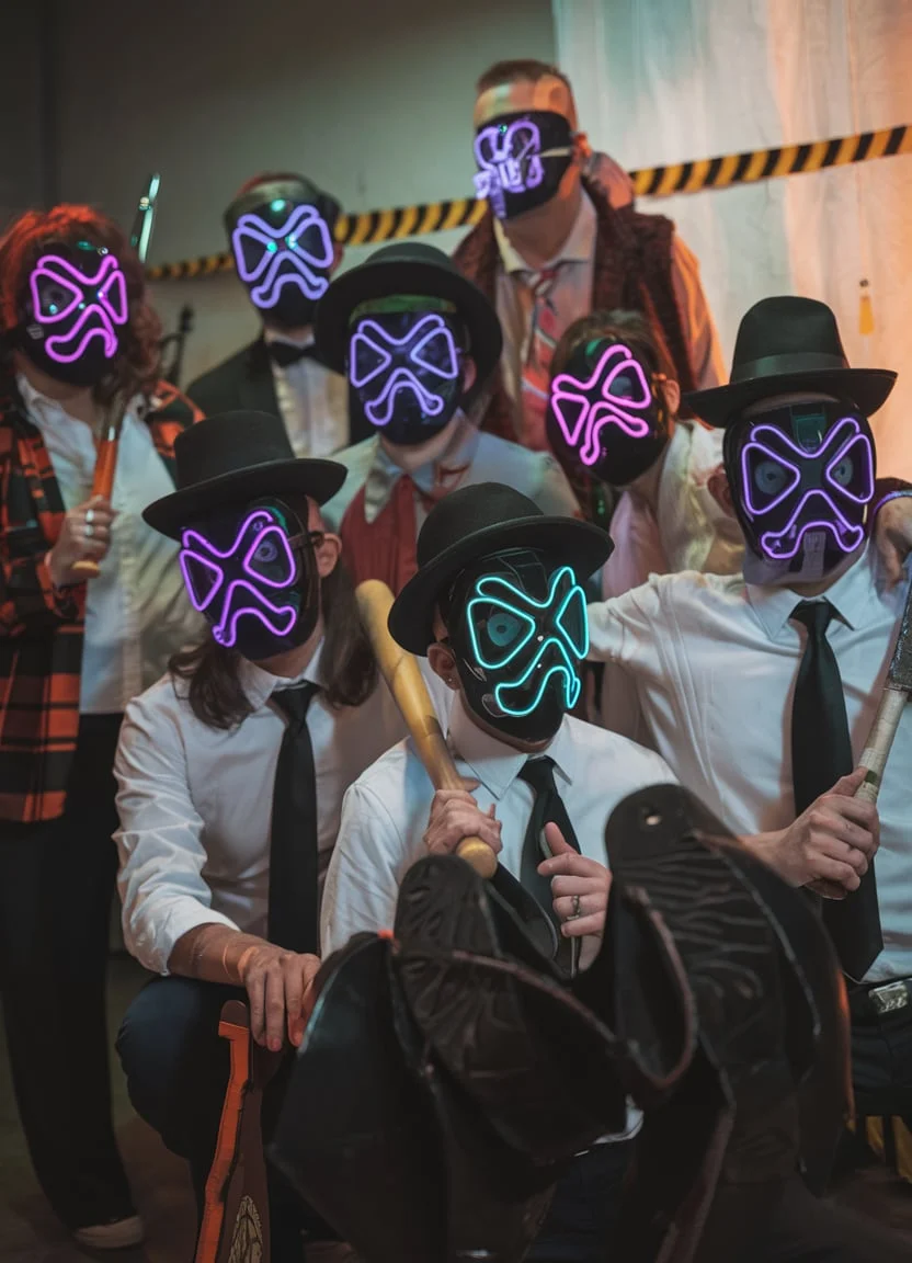 Neon Syndicate Illuminated Mask Ensembles That Merge Retro Formality With Digital-Age Horror
