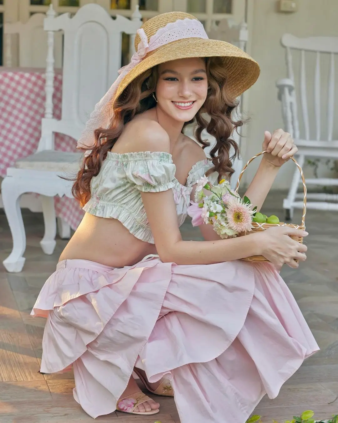 Playful Cottagecore Delight – Off-Shoulder Crop Top with Flowing Ruffled Skirt