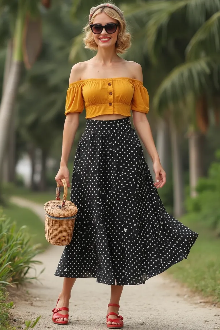 Retro Picnic Chic - Off-Shoulder Top and Polka Dot Skirt