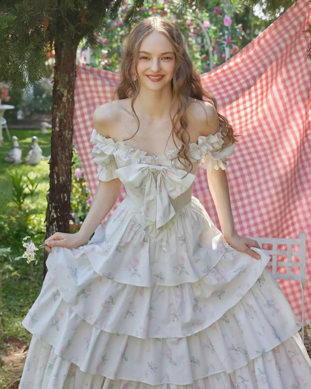 Romantic Ruffles and Pastel Florals – A Graceful Picnic Gown