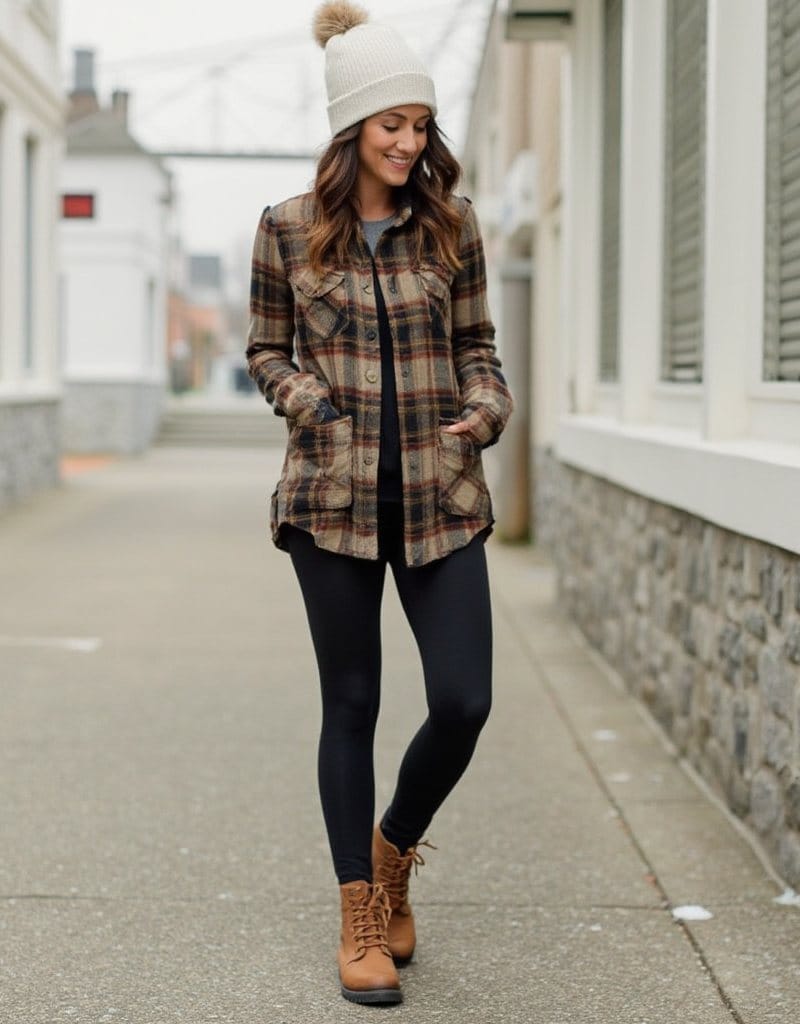 Rustic Casual - Plaid Shacket with Leggings