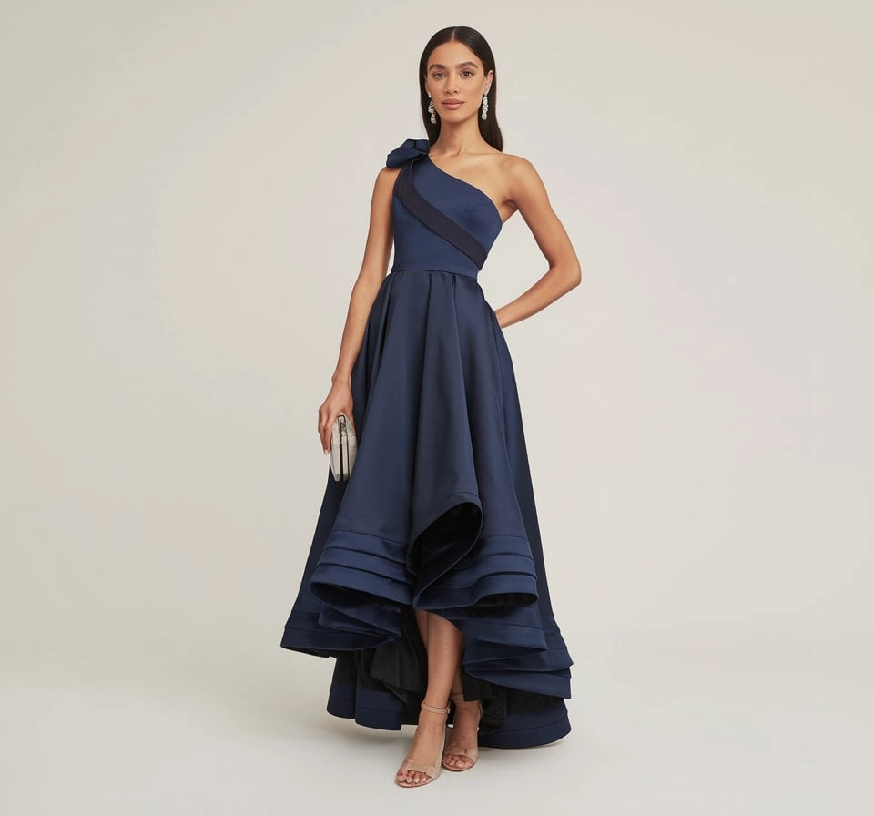 Sculptural Navy Architectural High-Low Gown for Contemporary Mothers