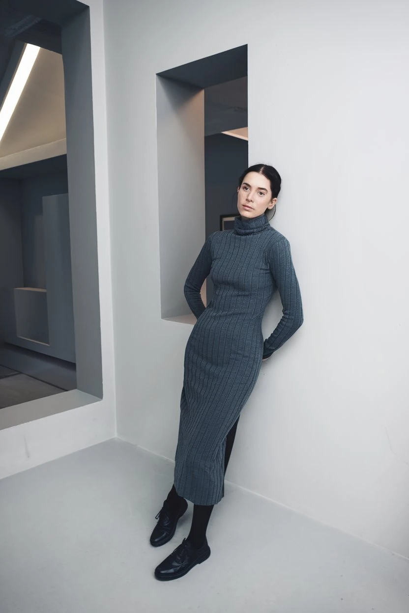 Slate Gray Elegance Ribbed Sweater Dress That Redefines Minimalist Winter Chic