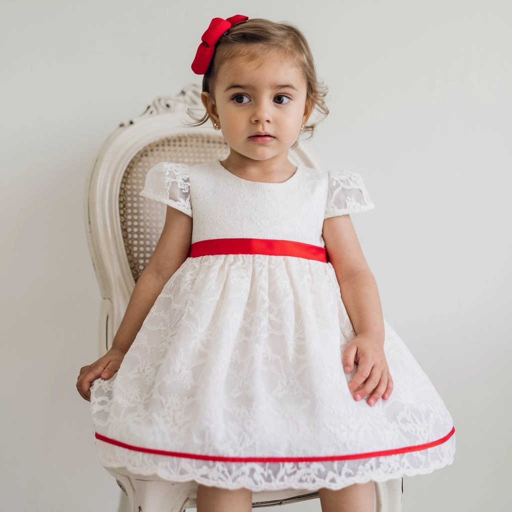 Snow White Lace Holiday Dress Elegant Simplicity with Festive Red Accents