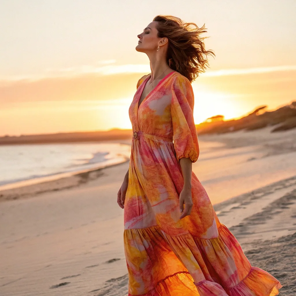 Sunset Watercolor Tie-Dyed Peasant Maxi for Coastal Escapes