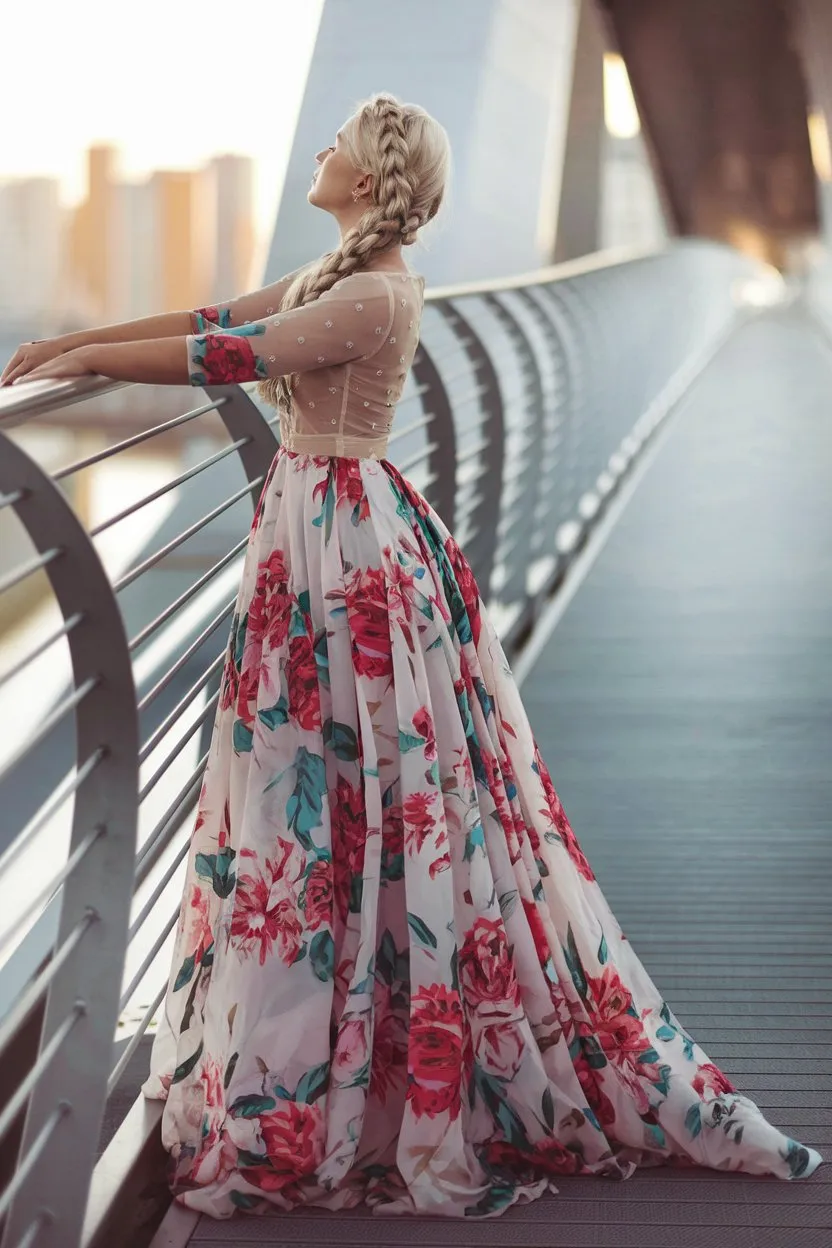 Urban Blooms Floral Illusion Gown Bridges Architecture and Nature