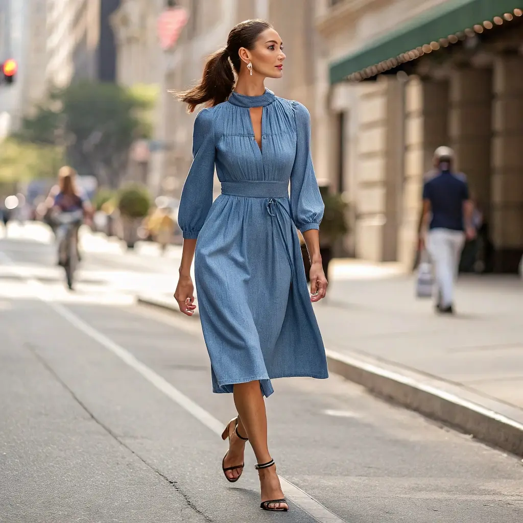 Urban Chambray Modernized Peasant Midi for City Sophistication