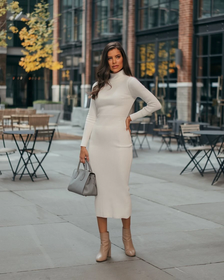 Winter White Refinement Ribbed Midi Masterpiece for Urban Sophistication