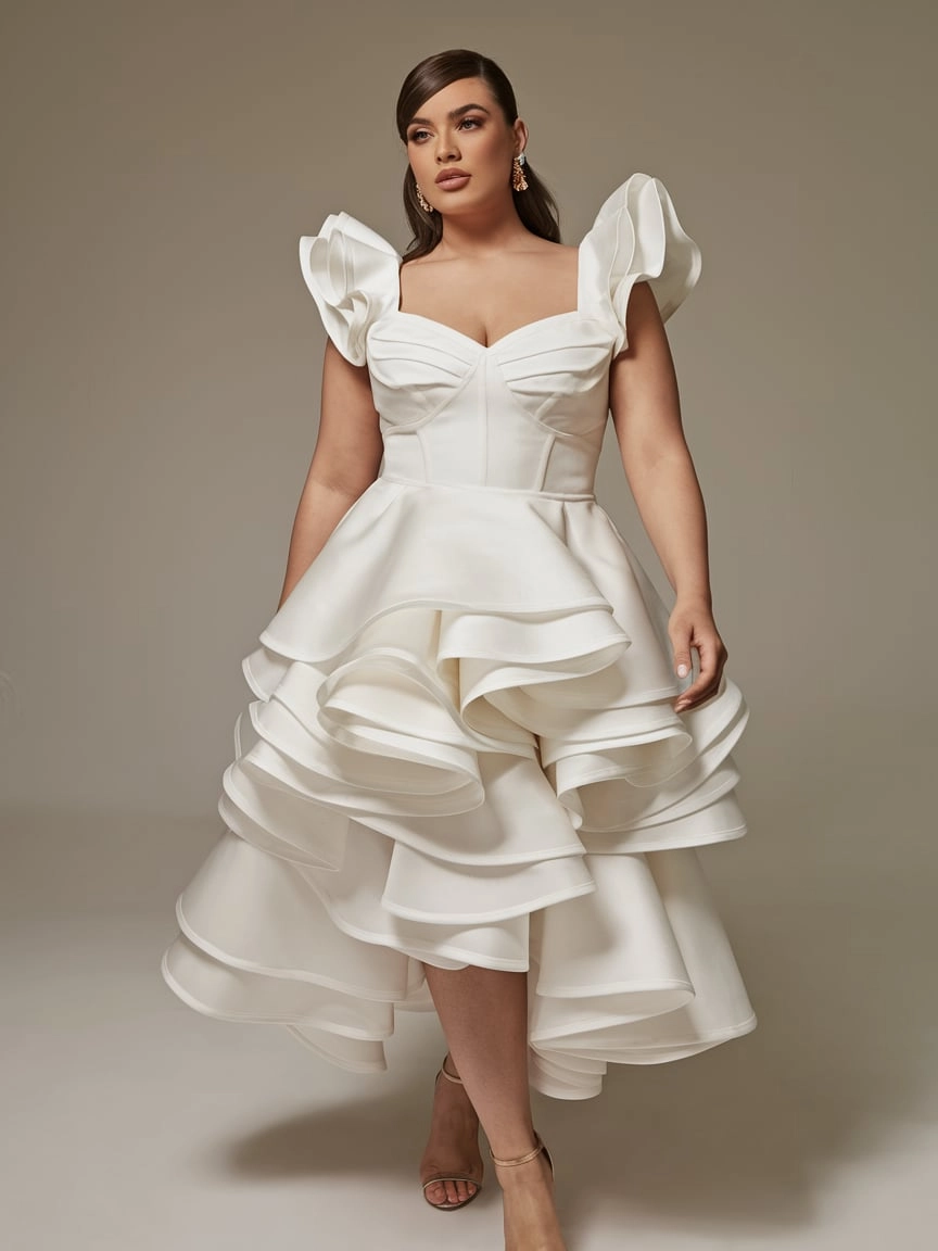 Architectural Drama White Tiered Ruffle Dress for High-Fashion Celebrations