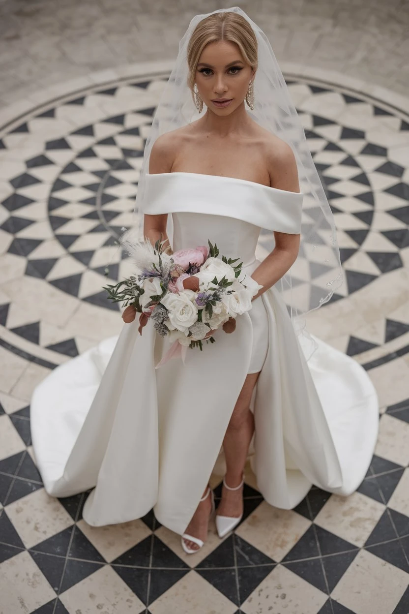 Architectural Elegance Off-Shoulder Gowns for Timeless Bridal Moments