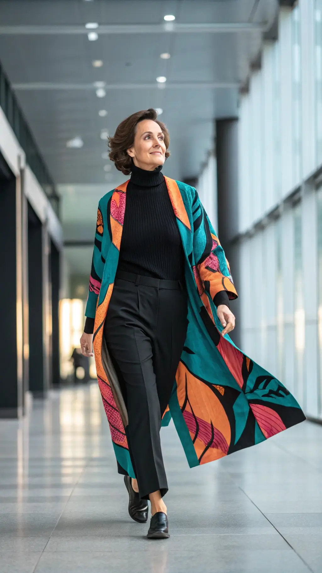 Bold Print Duster with Black Turtleneck Ensemble