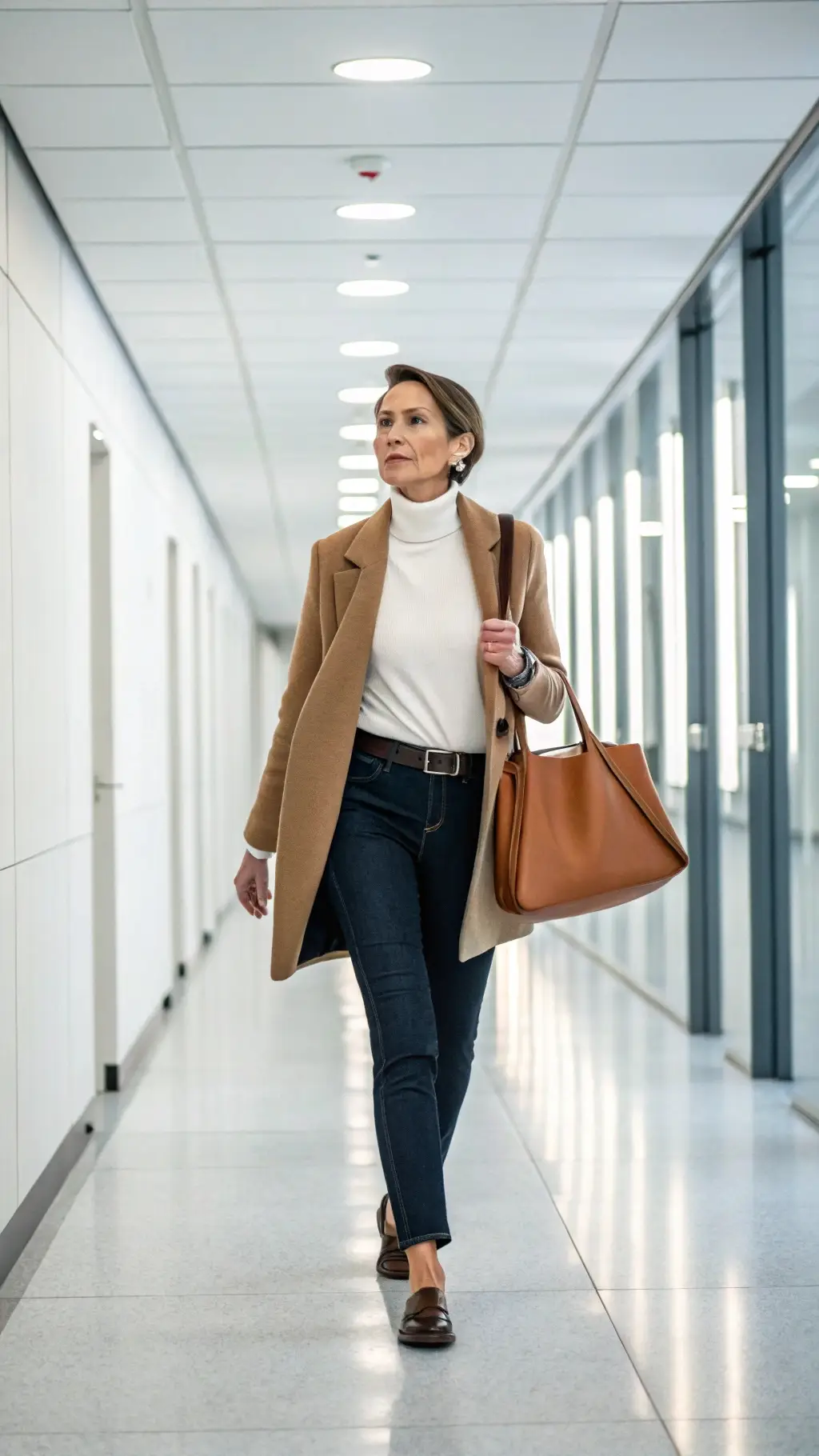 Classic Camel Coat & Jeans with a Turtleneck