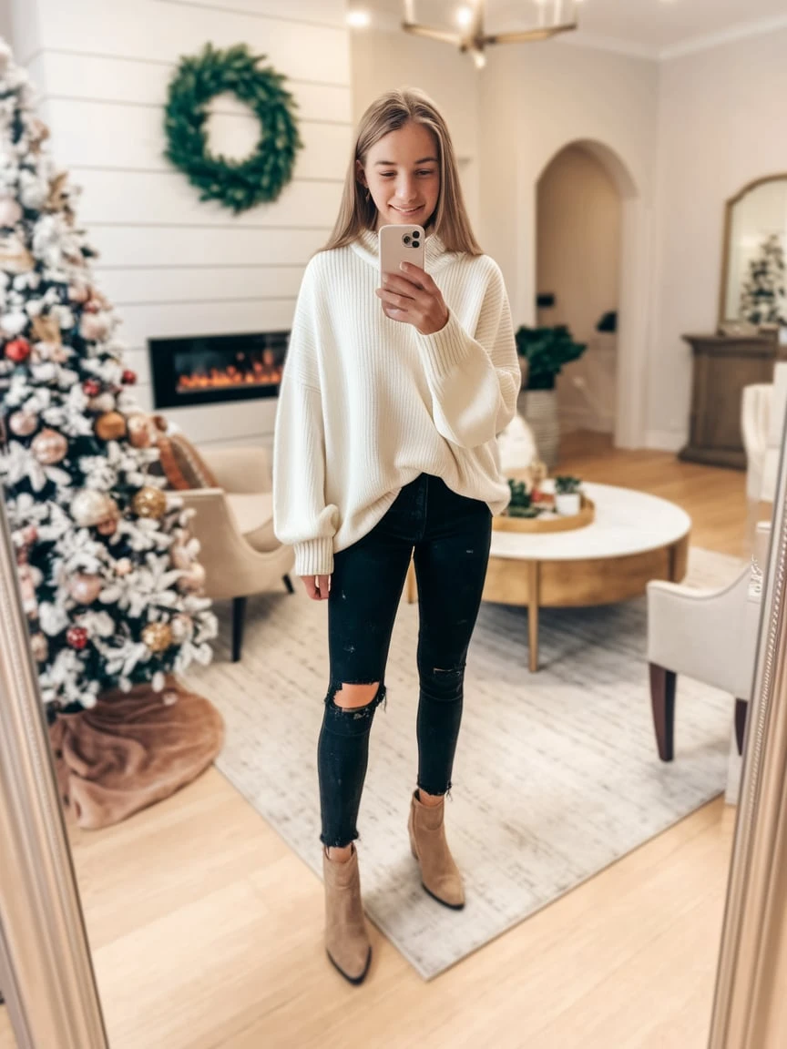 Cozy Elegance A Teen’s Christmas Outfit in Creamy Whites and Festive Vibes
