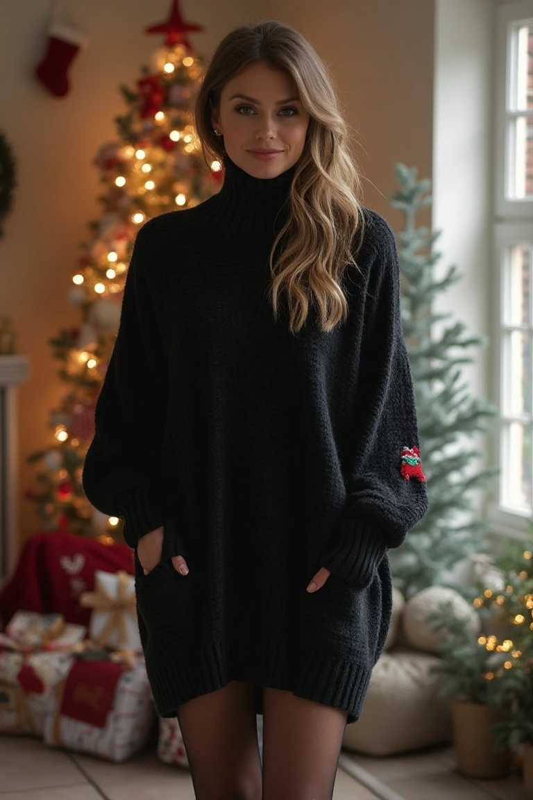 Cozy Elegance Oversized Black Sweater Dress with Festive Flair