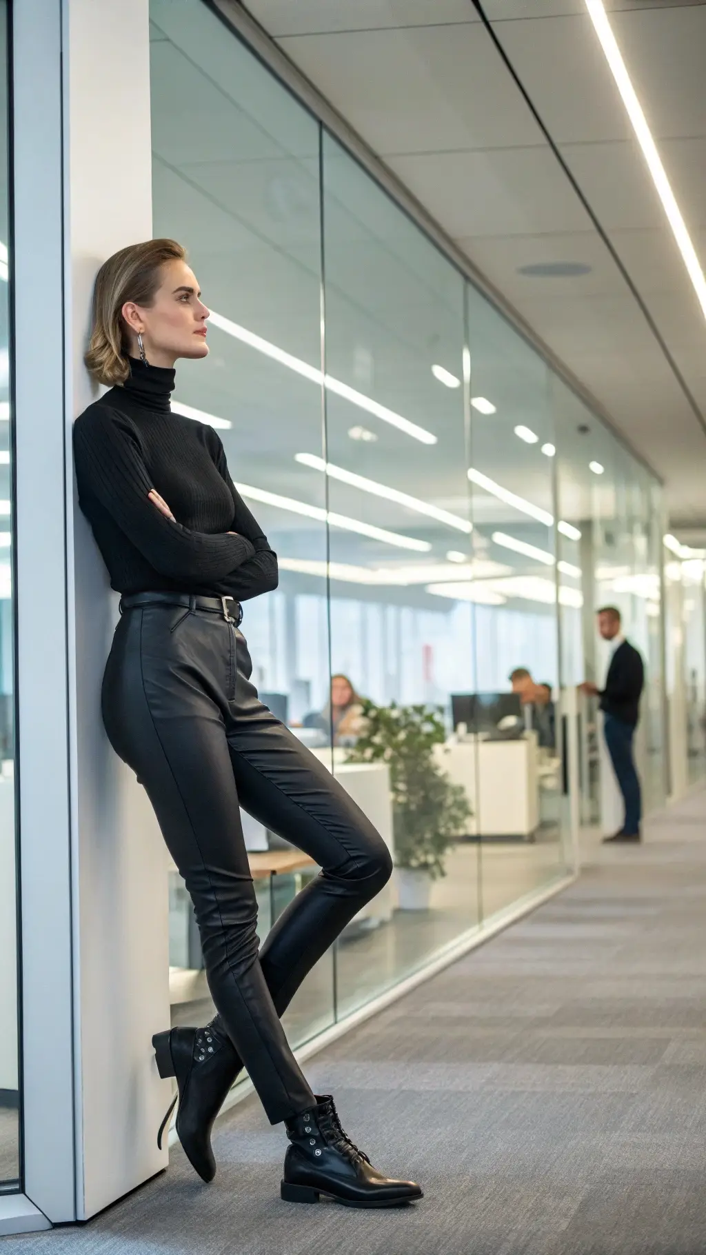Edgy All-Black Turtleneck & Leather Pants